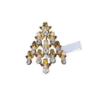 Vintage Gold Tone Angel Christmas Tree Brooch W/ Crystal & Pearl Details